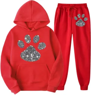 Women's Dog Paw Love Heart Rhinestone Graphic Oversized Sweatsuits Long Sleeve Hoodies Jogger Pants 2 Piece Outfits
