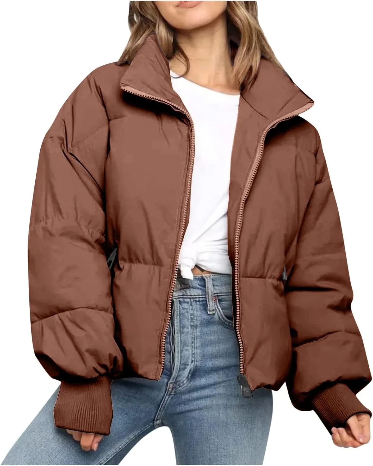 Women's Down Puffer Jacket with Hood Lightweight Thermal Quilted Coat with Pockets Zip-up Winter Warm Jacket XS-L
