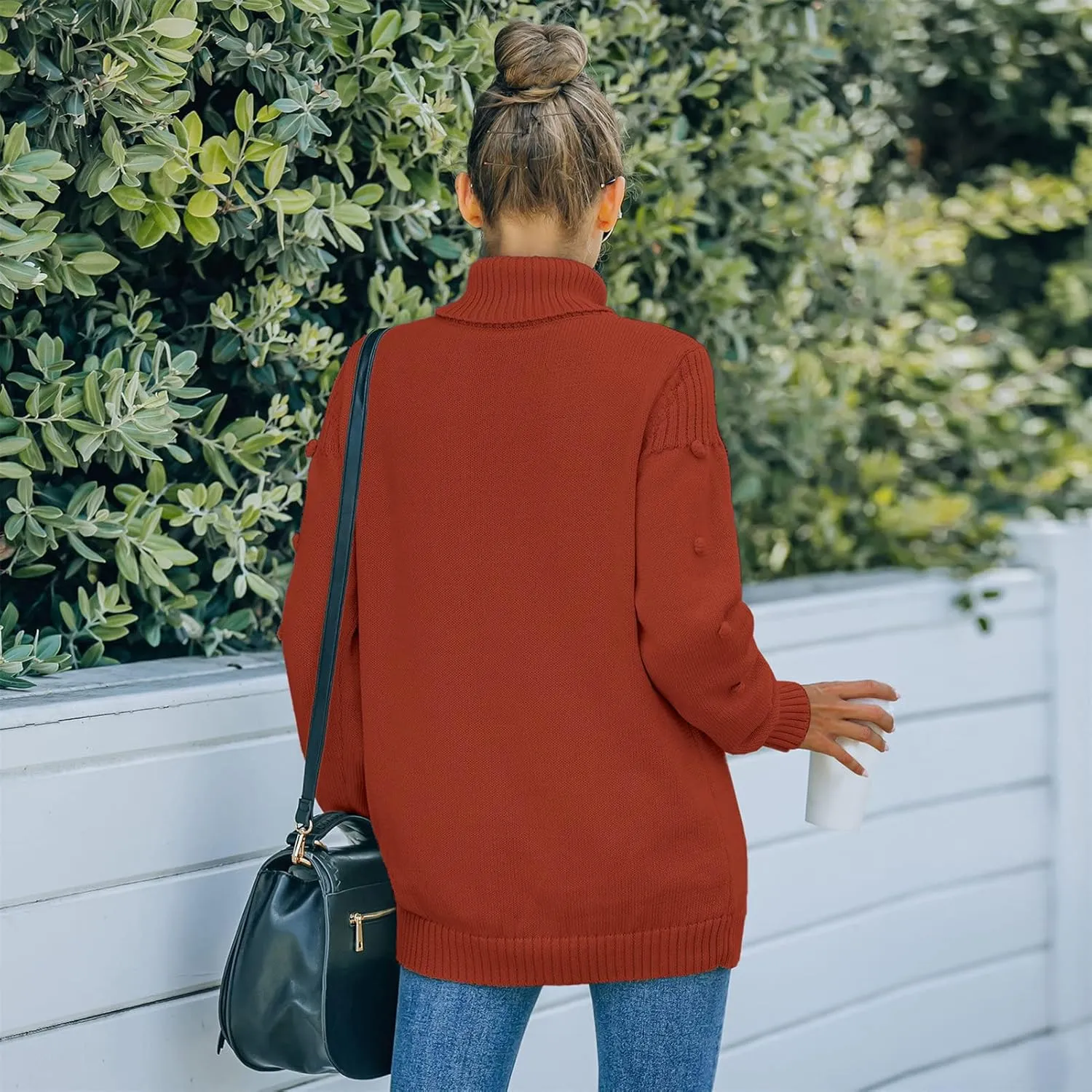 Women's Fall Long Sleeve Turtleneck Fashion Casual Jacquard Chunky Knitted Pullover Loose Oversized Sweater Jumper Tops