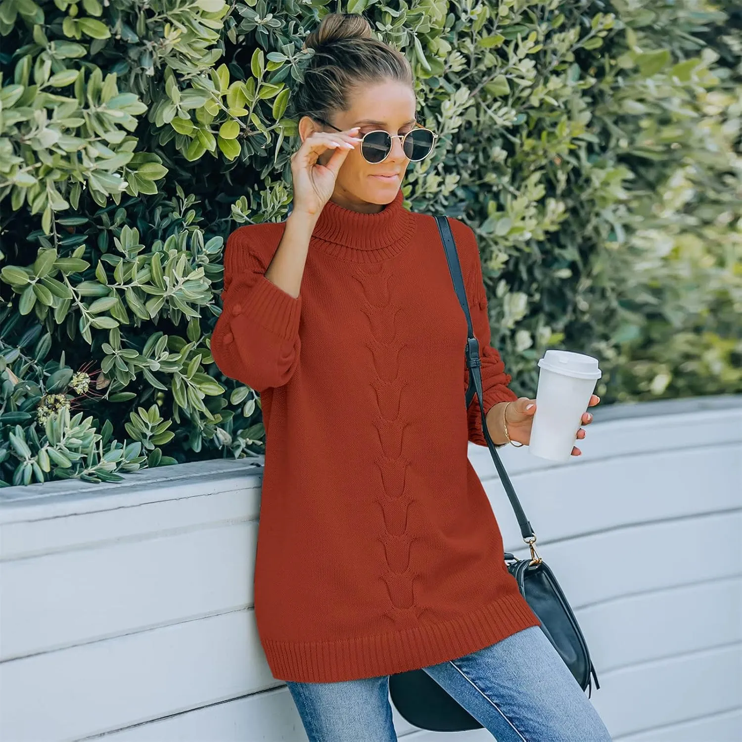 Women's Fall Long Sleeve Turtleneck Fashion Casual Jacquard Chunky Knitted Pullover Loose Oversized Sweater Jumper Tops