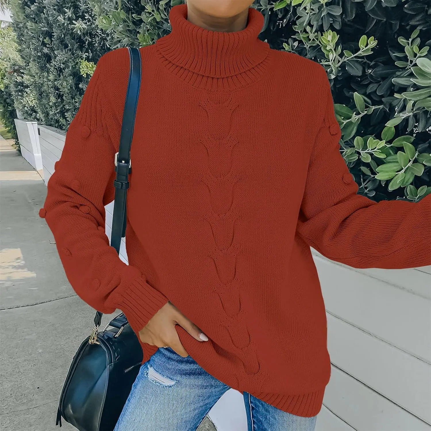 Women's Fall Long Sleeve Turtleneck Fashion Casual Jacquard Chunky Knitted Pullover Loose Oversized Sweater Jumper Tops