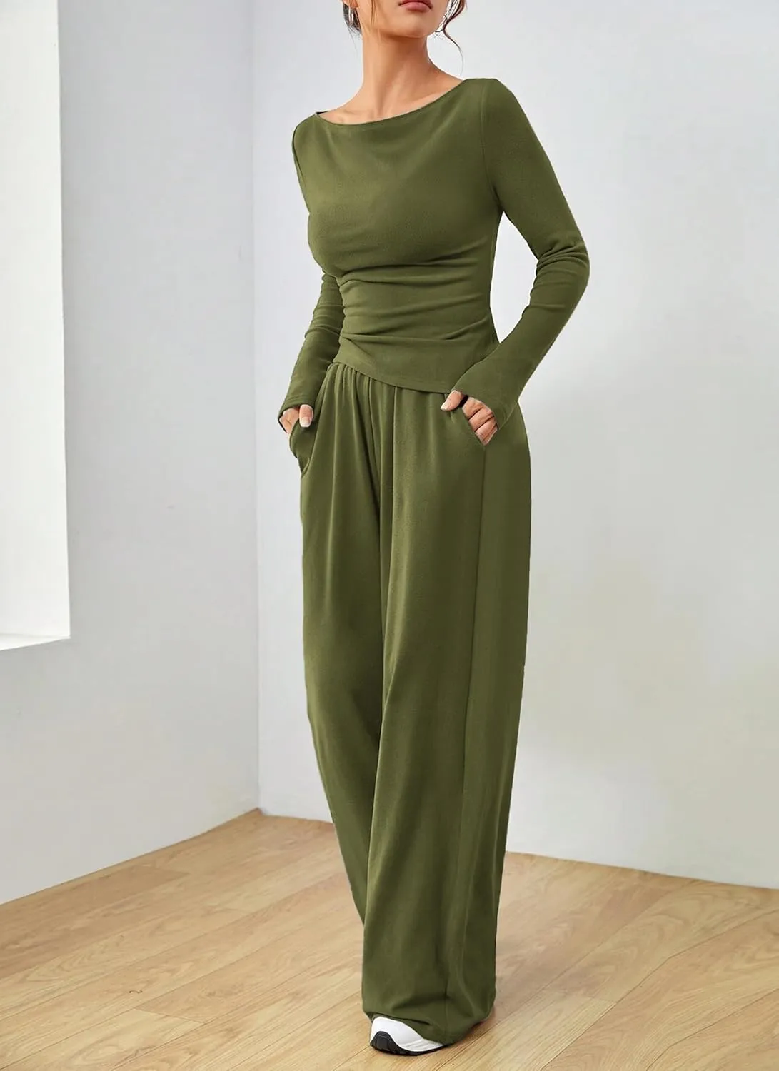 Women's Fall Two Piece Outfits Asymmetrical Long Sleeve T Shirt Wide Leg Pants Lounge Sets for Women Casual Tracksuit