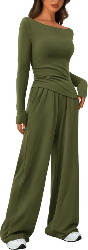 Women's Fall Two Piece Outfits Asymmetrical Long Sleeve T Shirt Wide Leg Pants Lounge Sets for Women Casual Tracksuit