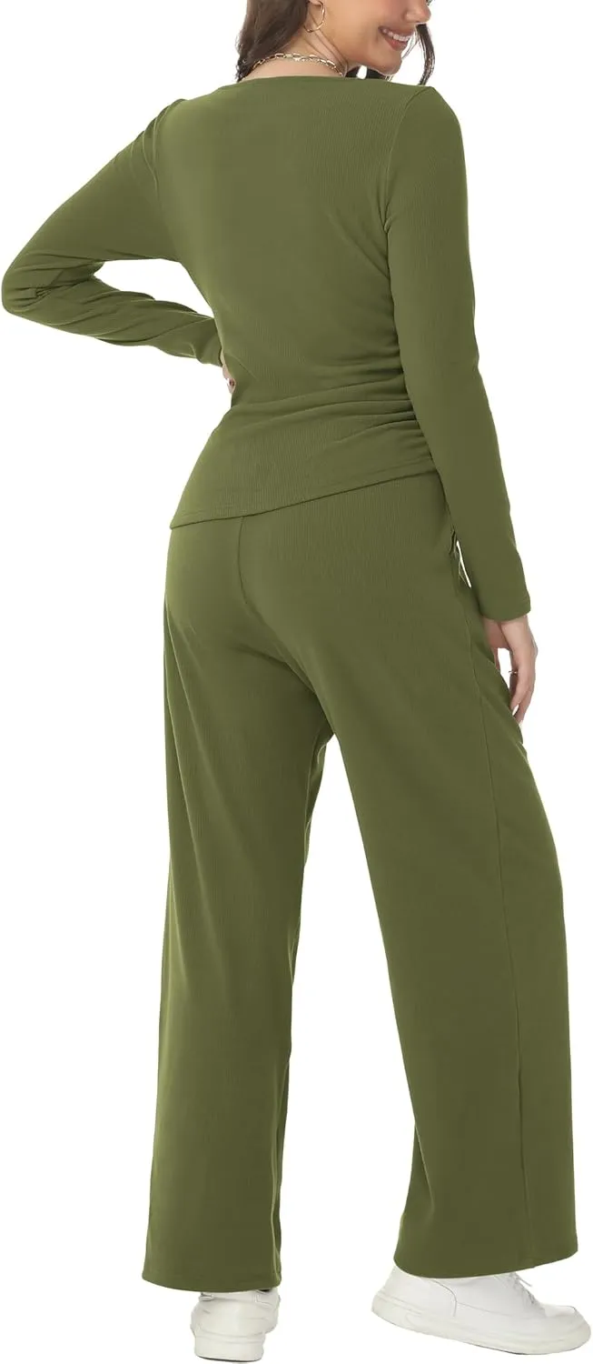 Women's Fall Two Piece Outfits Asymmetrical Long Sleeve T Shirt Wide Leg Pants Lounge Sets for Women Casual Tracksuit