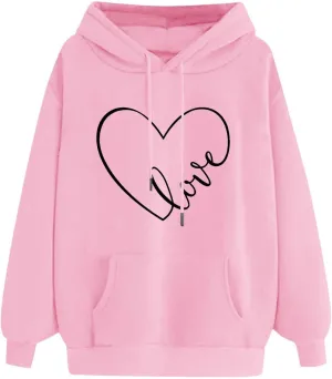 Women's Fashion Hoodies & Sweatshirts Long Sleeve Heart Graphic Tee Shirts Causal Drawstring Hoodies Vacation Outfits