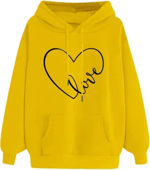 Women's Fashion Hoodies & Sweatshirts Long Sleeve Heart Graphic Tee Shirts Causal Drawstring Hoodies Vacation Outfits