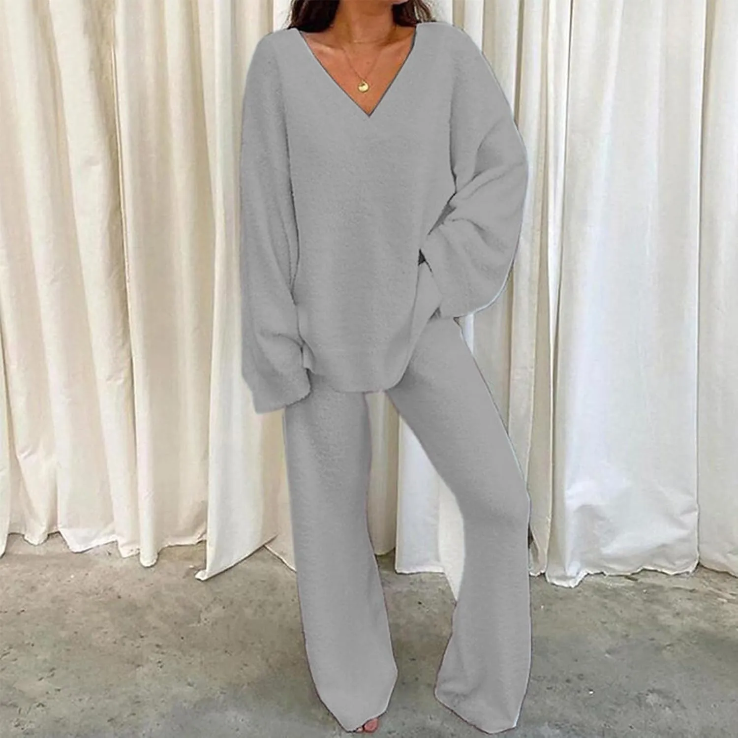 Womens Fuzzy Fleece Pajamas Sets 2 Piece Outfits Loose Tops and Pants Set Cozy Soft Warm Plush Loungewear Lounge Sets