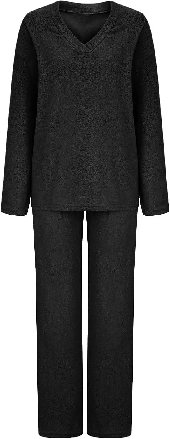 Womens Fuzzy Fleece Pajamas Sets 2 Piece Outfits Loose Tops and Pants Set Cozy Soft Warm Plush Loungewear Lounge Sets