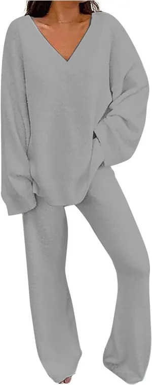Womens Fuzzy Fleece Pajamas Sets 2 Piece Outfits Loose Tops and Pants Set Cozy Soft Warm Plush Loungewear Lounge Sets