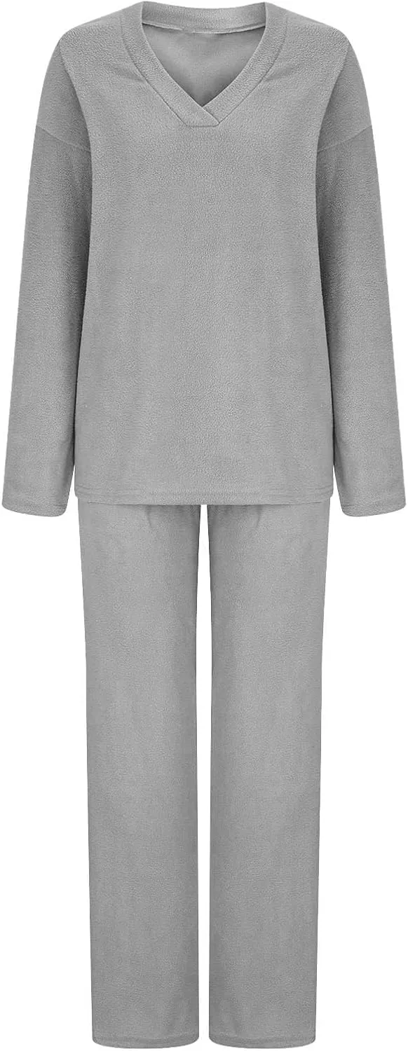 Womens Fuzzy Fleece Pajamas Sets 2 Piece Outfits Loose Tops and Pants Set Cozy Soft Warm Plush Loungewear Lounge Sets