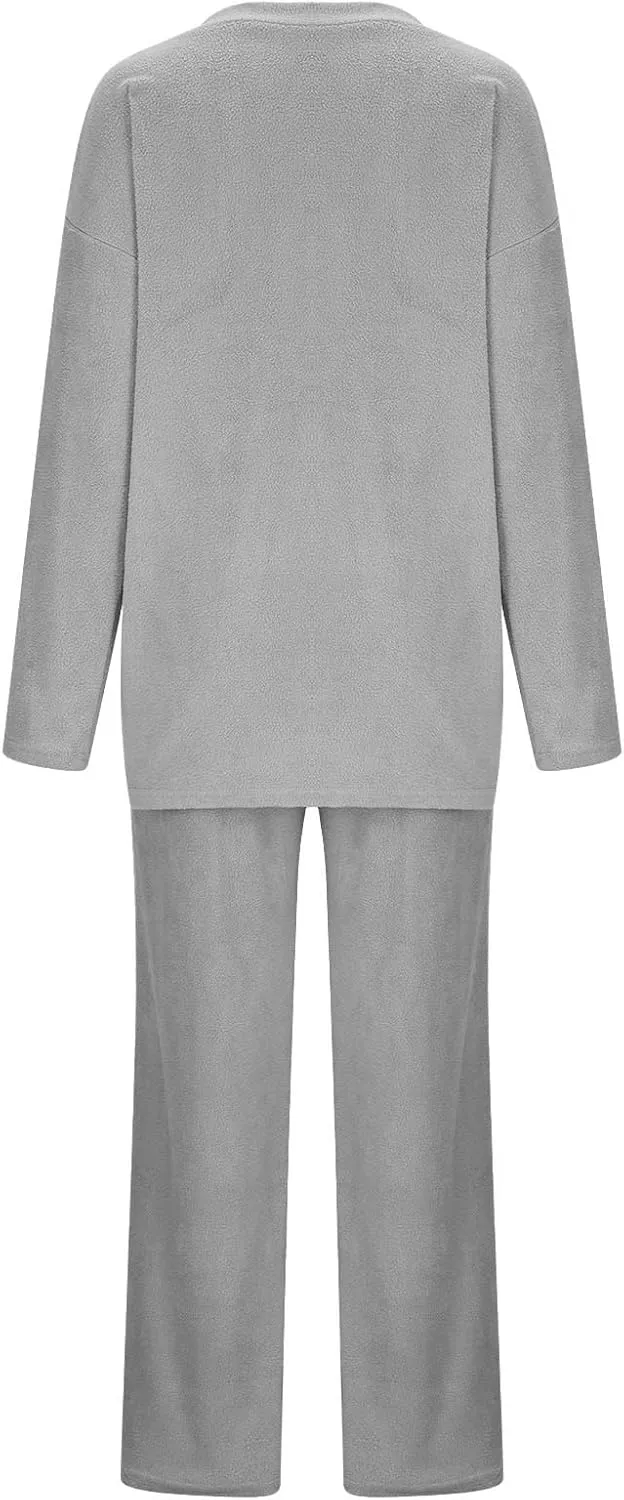 Womens Fuzzy Fleece Pajamas Sets 2 Piece Outfits Loose Tops and Pants Set Cozy Soft Warm Plush Loungewear Lounge Sets