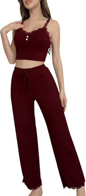 Womens Knit Pajama Set Lightweight Crop Cami Top And Pants 2 Piece Soft Pjs Lounge Set Sleevless Sleepwear Nightwear