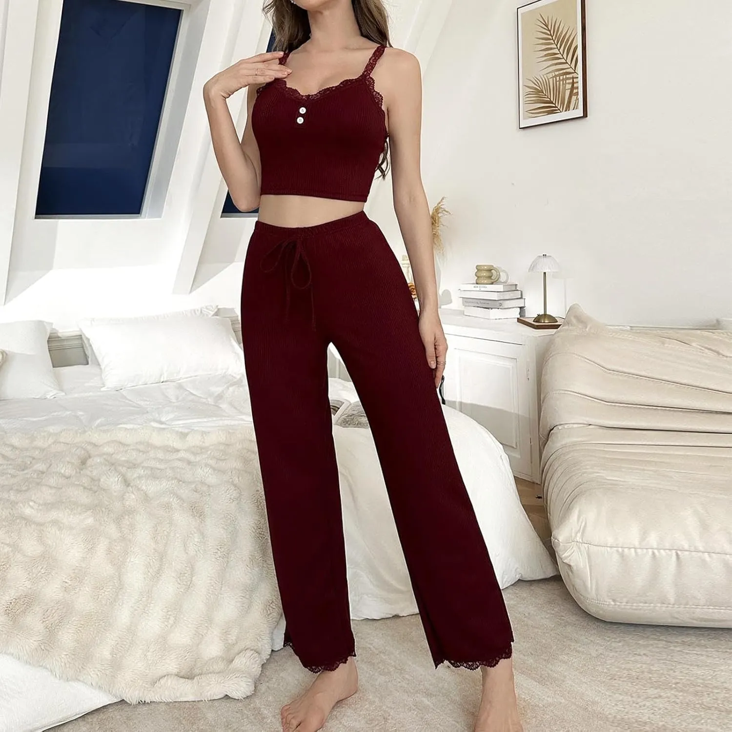 Womens Knit Pajama Set Lightweight Crop Cami Top And Pants 2 Piece Soft Pjs Lounge Set Sleevless Sleepwear Nightwear