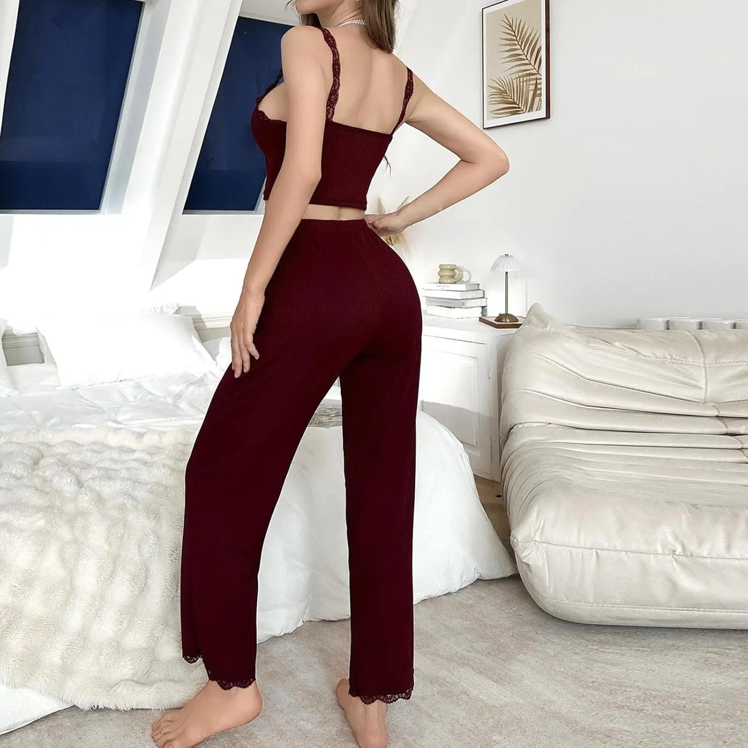 Womens Knit Pajama Set Lightweight Crop Cami Top And Pants 2 Piece Soft Pjs Lounge Set Sleevless Sleepwear Nightwear