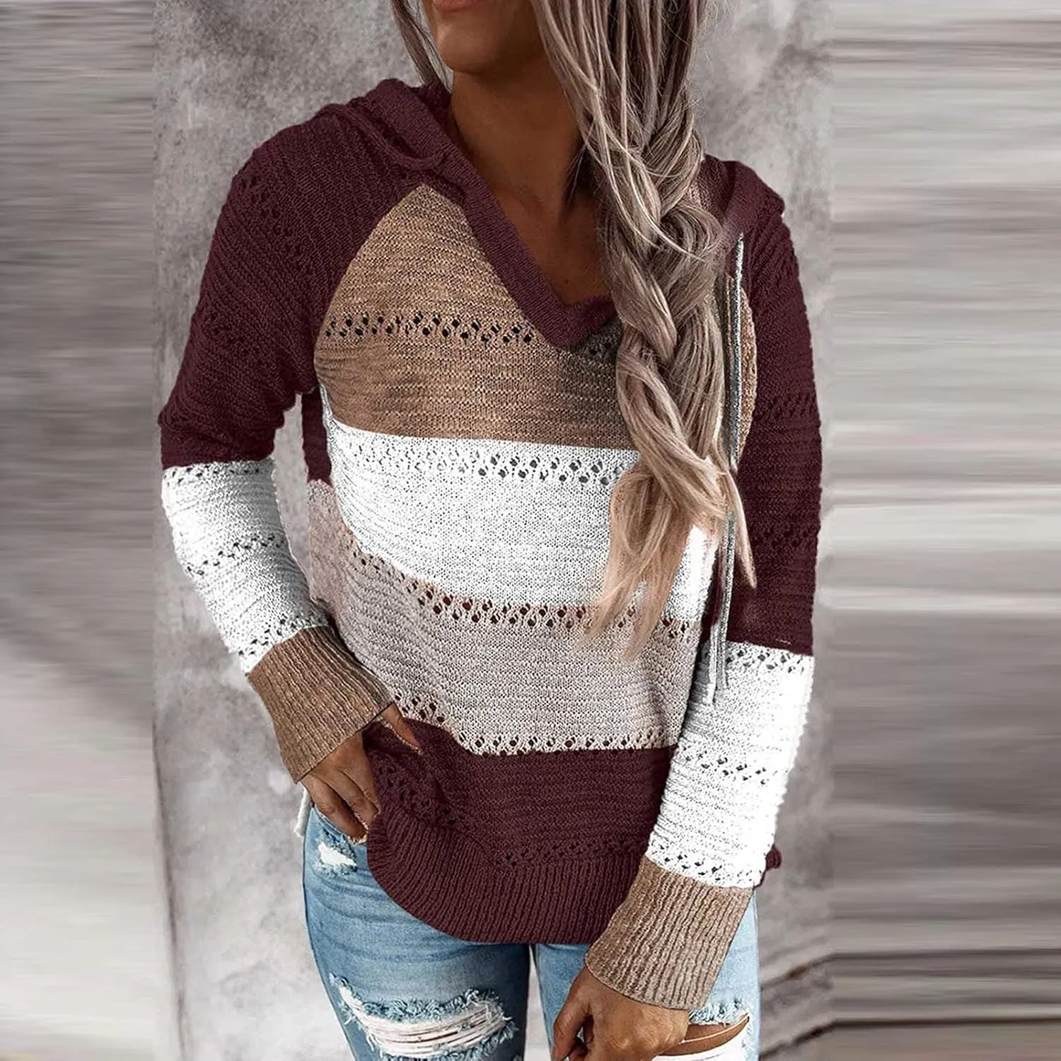 Womens Lightweight Color Block Hooded Sweaters Drawstring Hoodies Pullover Sweatshirts Long Sleeve Zip Up Hoodies