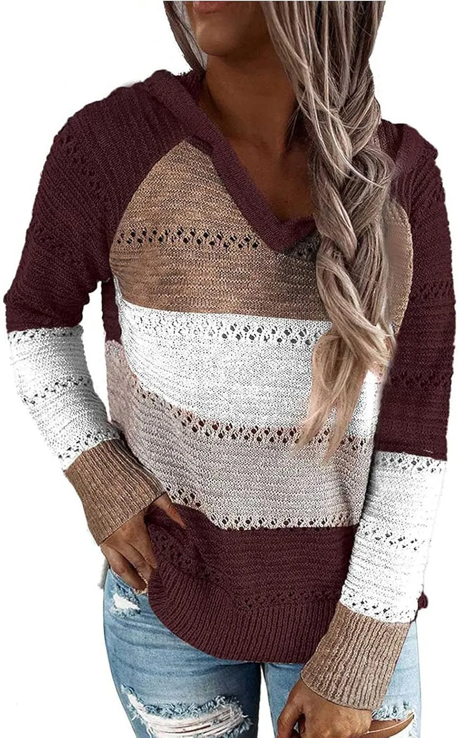 Womens Lightweight Color Block Hooded Sweaters Drawstring Hoodies Pullover Sweatshirts Long Sleeve Zip Up Hoodies