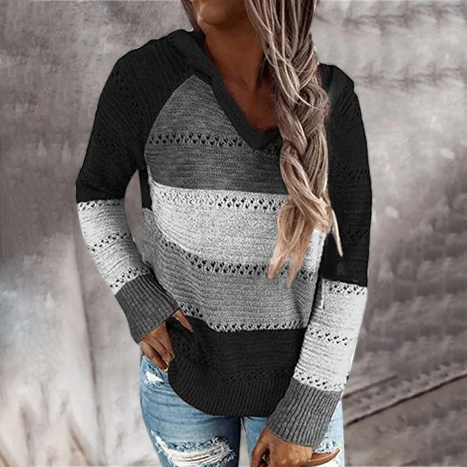 Womens Lightweight Color Block Hooded Sweaters Drawstring Hoodies Pullover Sweatshirts Long Sleeve Zip Up Hoodies