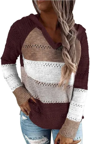 Womens Lightweight Color Block Hooded Sweaters Drawstring Hoodies Pullover Sweatshirts Long Sleeve Zip Up Hoodies