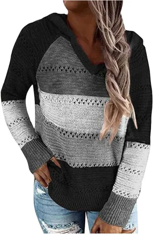 Womens Lightweight Color Block Hooded Sweaters Drawstring Hoodies Pullover Sweatshirts Long Sleeve Zip Up Hoodies