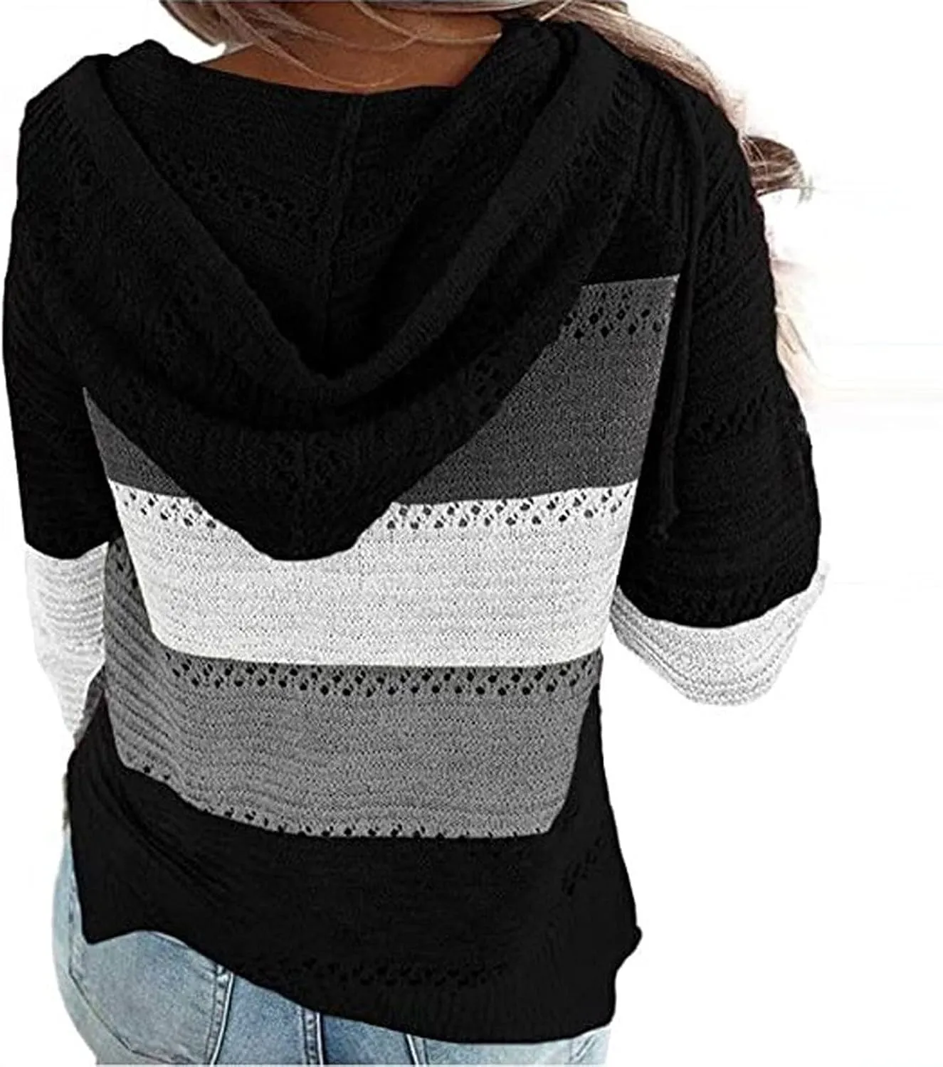 Womens Lightweight Color Block Hooded Sweaters Drawstring Hoodies Pullover Sweatshirts Long Sleeve Zip Up Hoodies