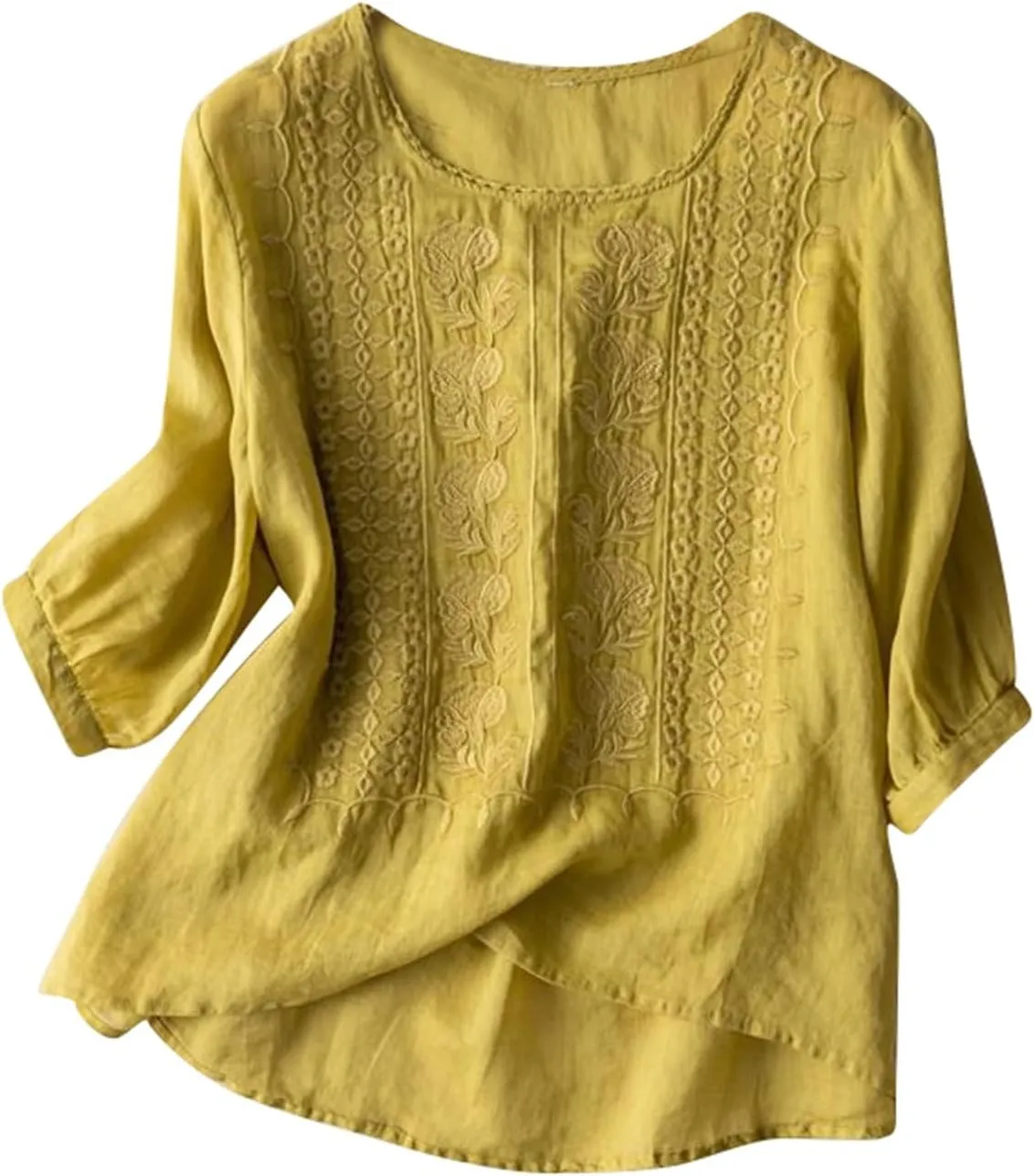 Womens Linen Shirts Summer Linen Button Down Short Sleeve T-Shirt Casual Loose Lightweight Round Neck Blouses