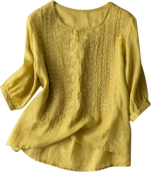 Womens Linen Shirts Summer Linen Button Down Short Sleeve T-Shirt Casual Loose Lightweight Round Neck Blouses