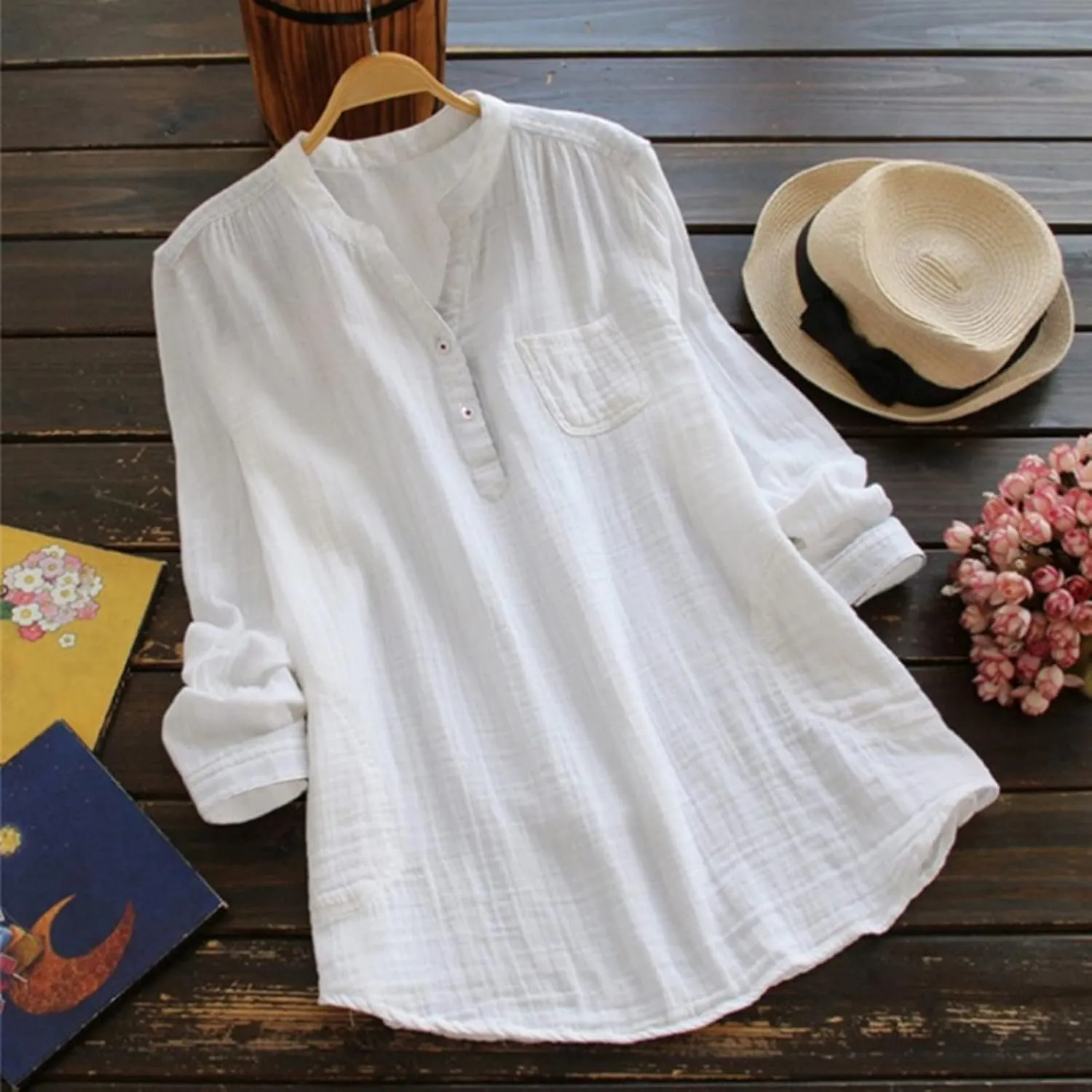 Womens Linen Shirts Summer Linen Plain Solid Short Sleeve T-Shirt Casual Loose Henley V-Neck Tee Shirts