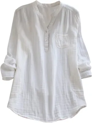 Womens Linen Shirts Summer Linen Plain Solid Short Sleeve T-Shirt Casual Loose Henley V-Neck Tee Shirts