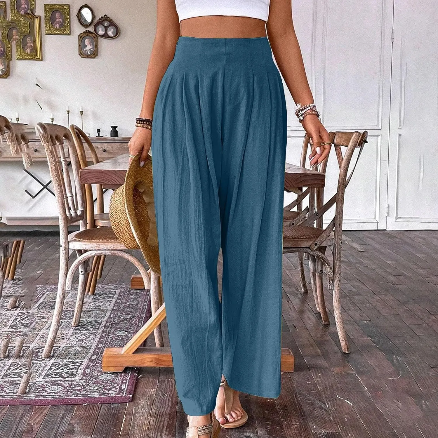 Women's Palazzo Pants Cotton Linen Wide Leg Pants High Waisted Dress Pants Solid Flowy Pants Loose Fit Work Pants