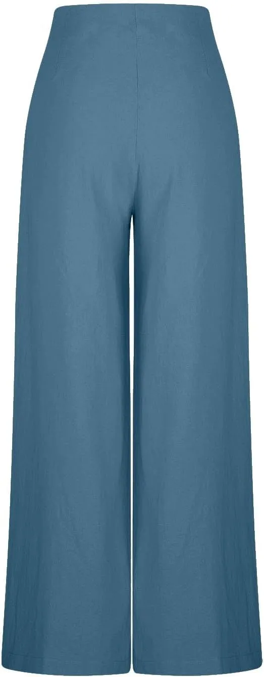 Women's Palazzo Pants Cotton Linen Wide Leg Pants High Waisted Dress Pants Solid Flowy Pants Loose Fit Work Pants