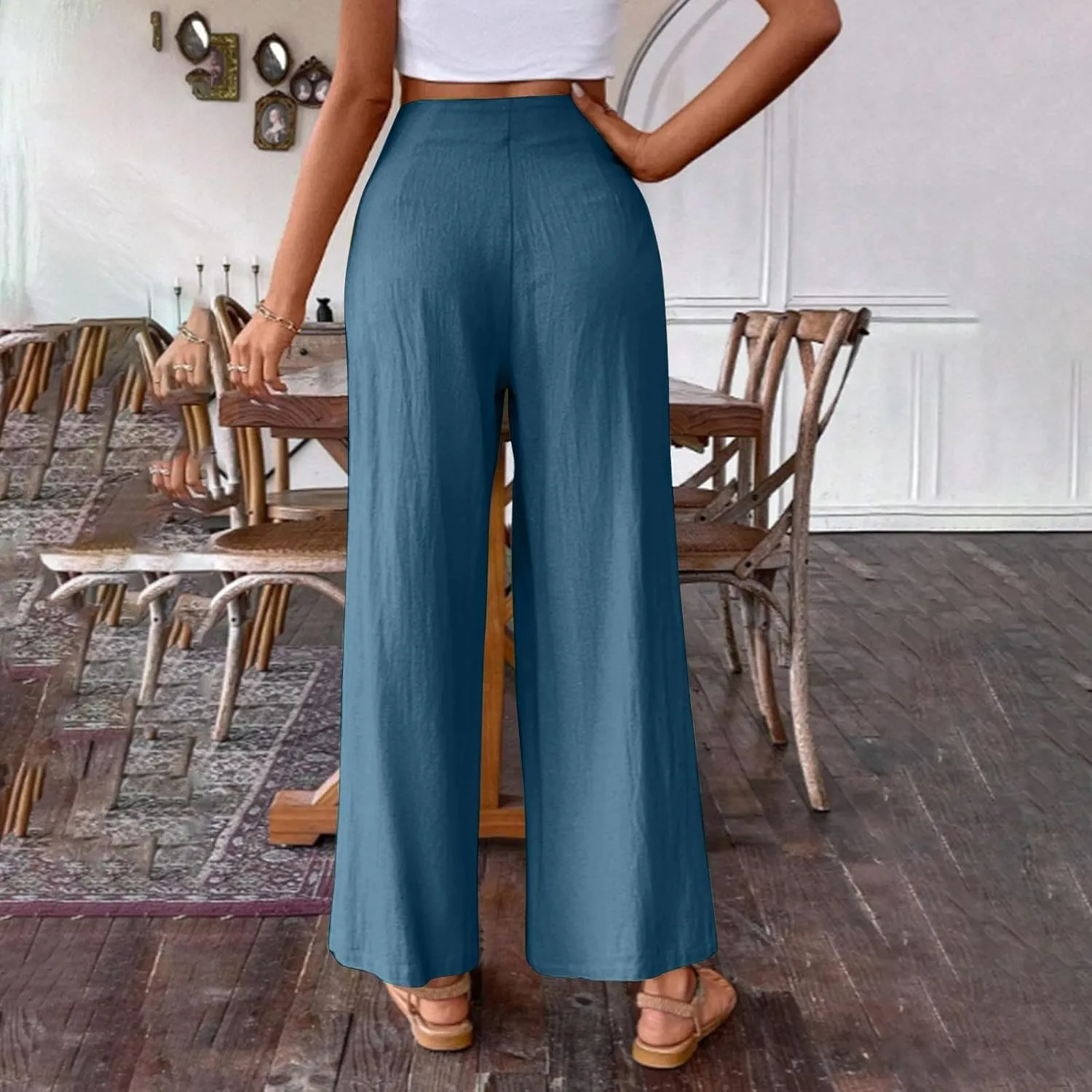 Women's Palazzo Pants Cotton Linen Wide Leg Pants High Waisted Dress Pants Solid Flowy Pants Loose Fit Work Pants