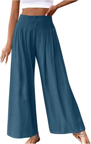 Women's Palazzo Pants Cotton Linen Wide Leg Pants High Waisted Dress Pants Solid Flowy Pants Loose Fit Work Pants