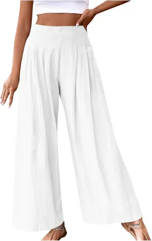 Women's Palazzo Pants Cotton Linen Wide Leg Pants High Waisted Dress Pants Solid Flowy Pants Loose Fit Work Pants