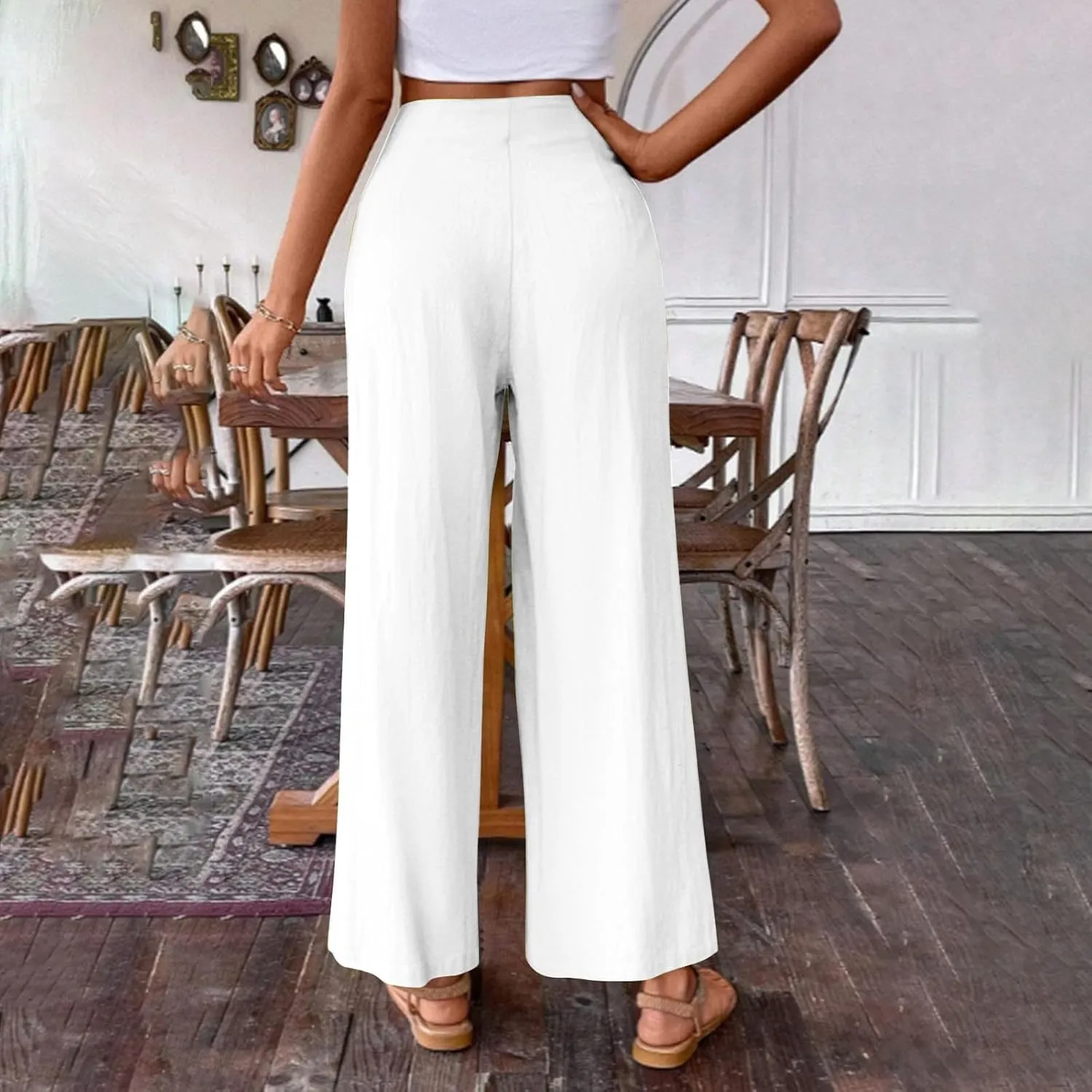 Women's Palazzo Pants Cotton Linen Wide Leg Pants High Waisted Dress Pants Solid Flowy Pants Loose Fit Work Pants