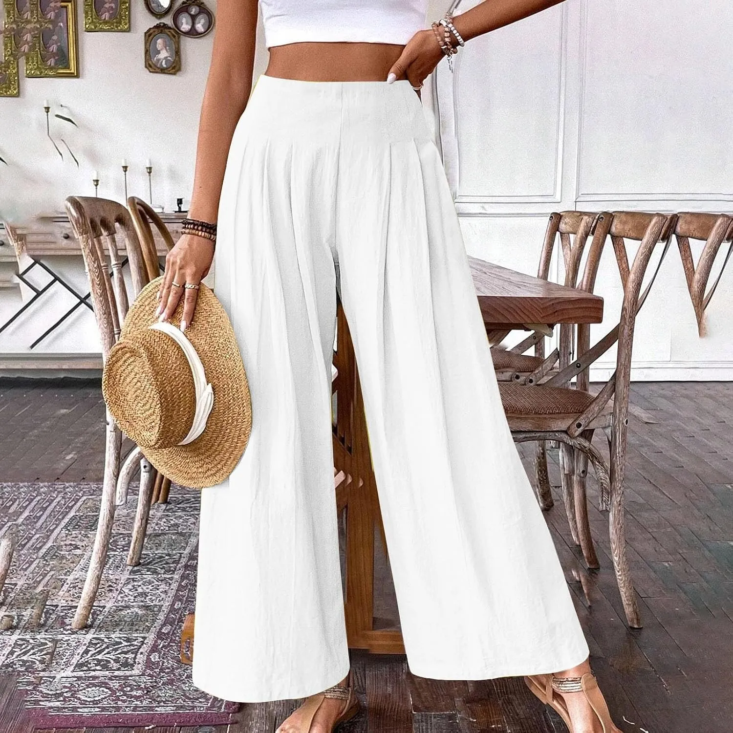 Women's Palazzo Pants Cotton Linen Wide Leg Pants High Waisted Dress Pants Solid Flowy Pants Loose Fit Work Pants