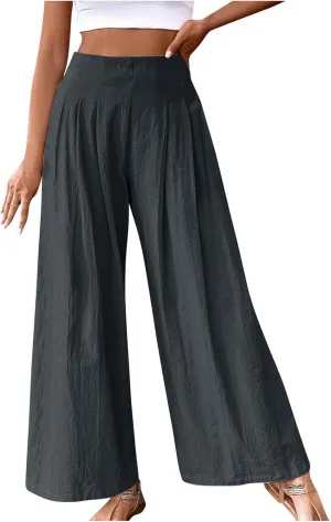 Women's Palazzo Pants Cotton Linen Wide Leg Pants High Waisted Dress Pants Solid Flowy Pants Loose Fit Work Pants