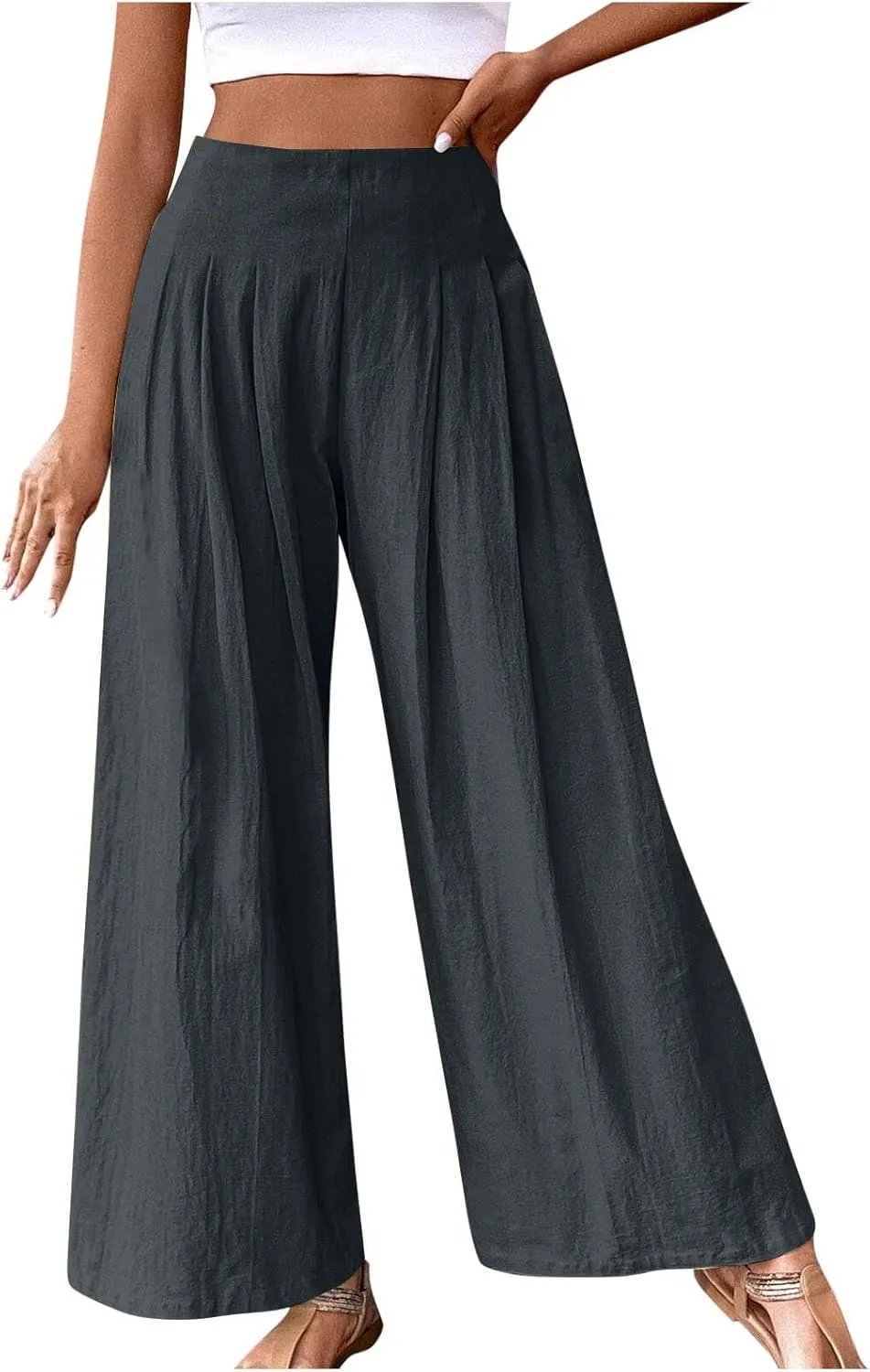 Women's Palazzo Pants Cotton Linen Wide Leg Pants High Waisted Dress Pants Solid Flowy Pants Loose Fit Work Pants