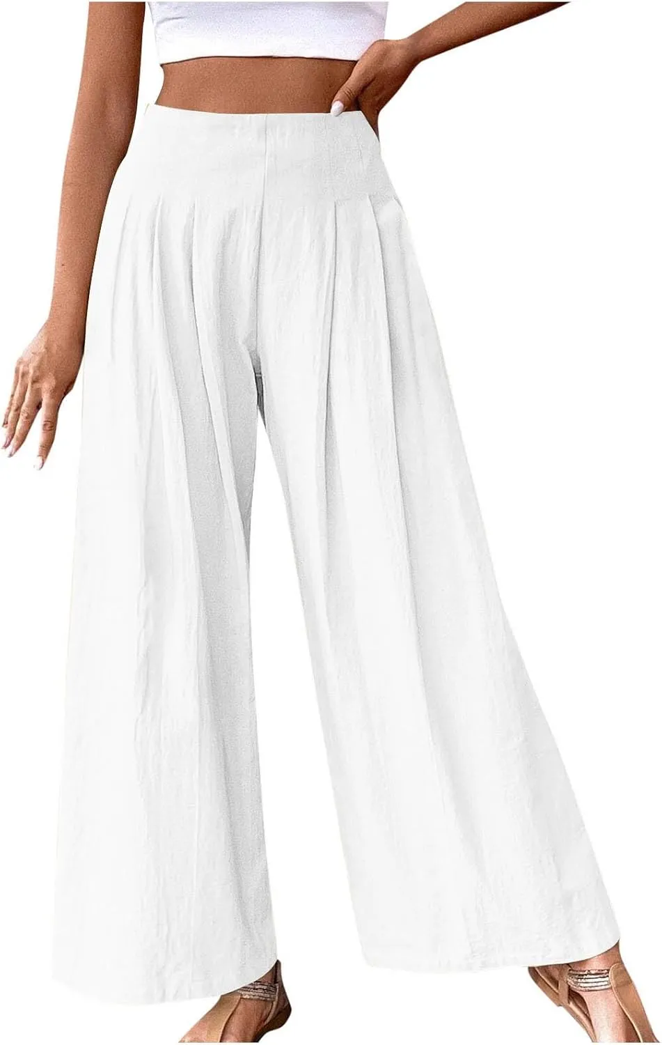 Women's Palazzo Pants Cotton Linen Wide Leg Pants High Waisted Dress Pants Solid Flowy Pants Loose Fit Work Pants