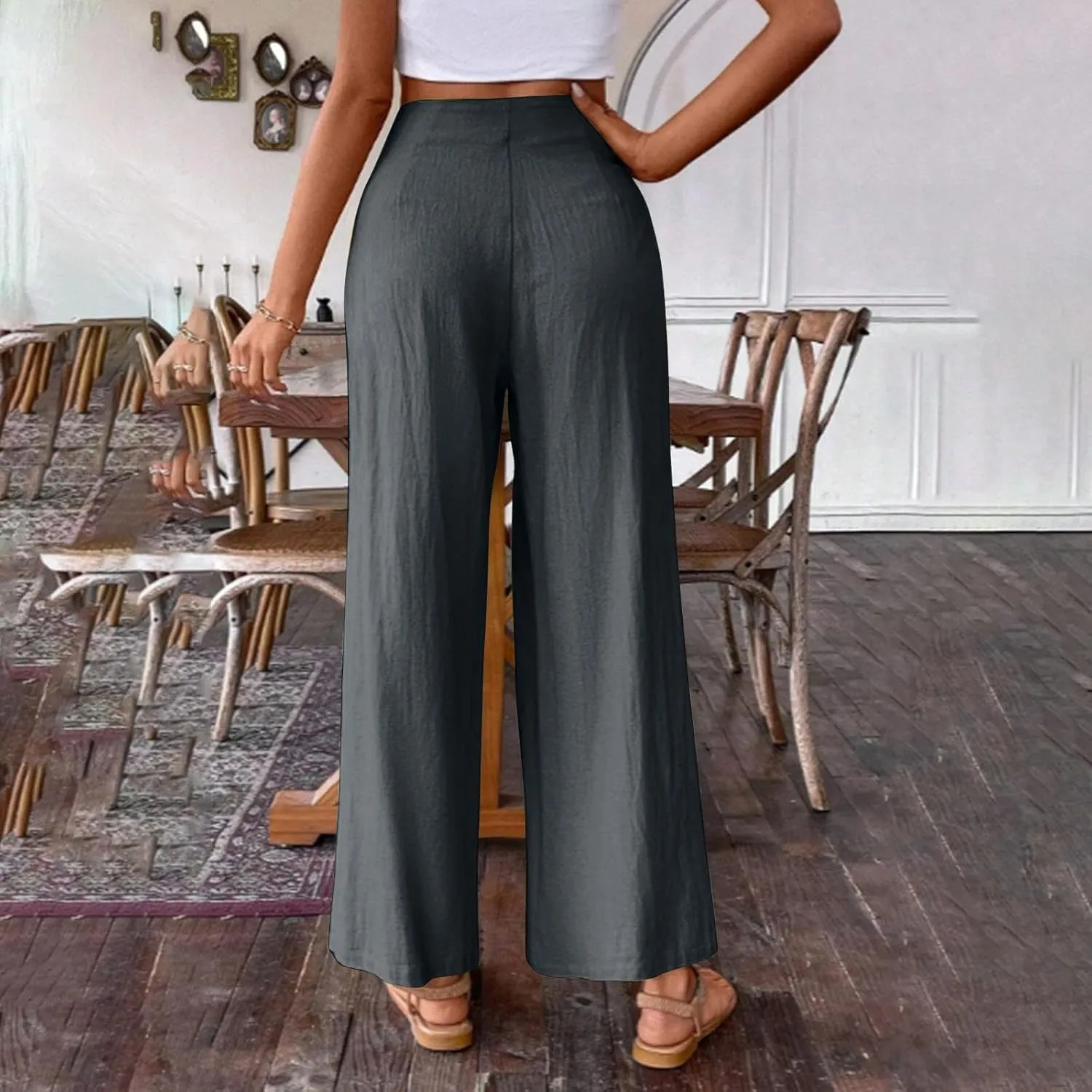 Women's Palazzo Pants Cotton Linen Wide Leg Pants High Waisted Dress Pants Solid Flowy Pants Loose Fit Work Pants
