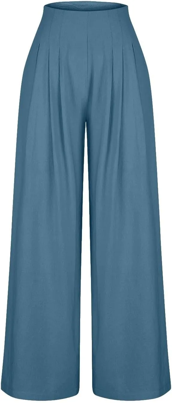 Women's Palazzo Pants Cotton Linen Wide Leg Pants High Waisted Dress Pants Solid Flowy Pants Loose Fit Work Pants