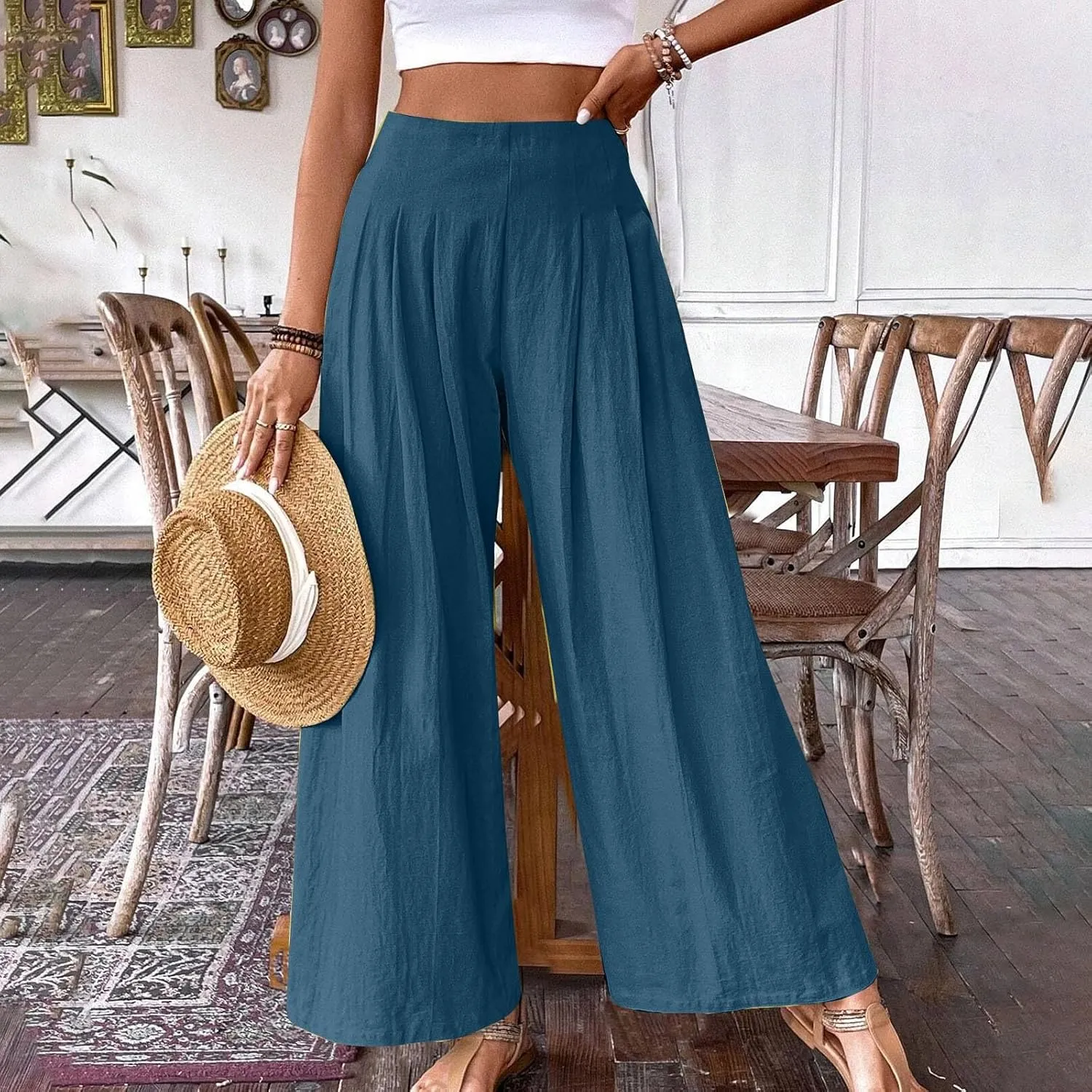 Women's Palazzo Pants Cotton Linen Wide Leg Pants High Waisted Dress Pants Solid Flowy Pants Loose Fit Work Pants