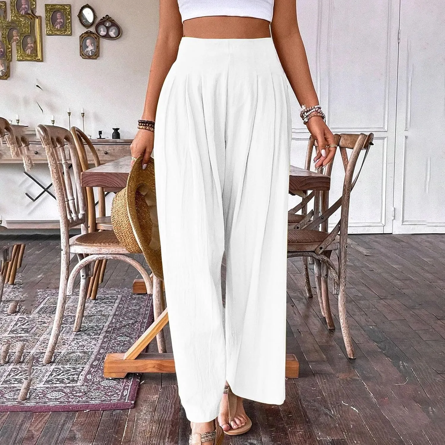 Women's Palazzo Pants Cotton Linen Wide Leg Pants High Waisted Dress Pants Solid Flowy Pants Loose Fit Work Pants