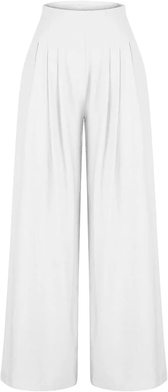Women's Palazzo Pants Cotton Linen Wide Leg Pants High Waisted Dress Pants Solid Flowy Pants Loose Fit Work Pants
