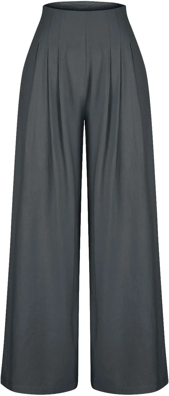 Women's Palazzo Pants Cotton Linen Wide Leg Pants High Waisted Dress Pants Solid Flowy Pants Loose Fit Work Pants