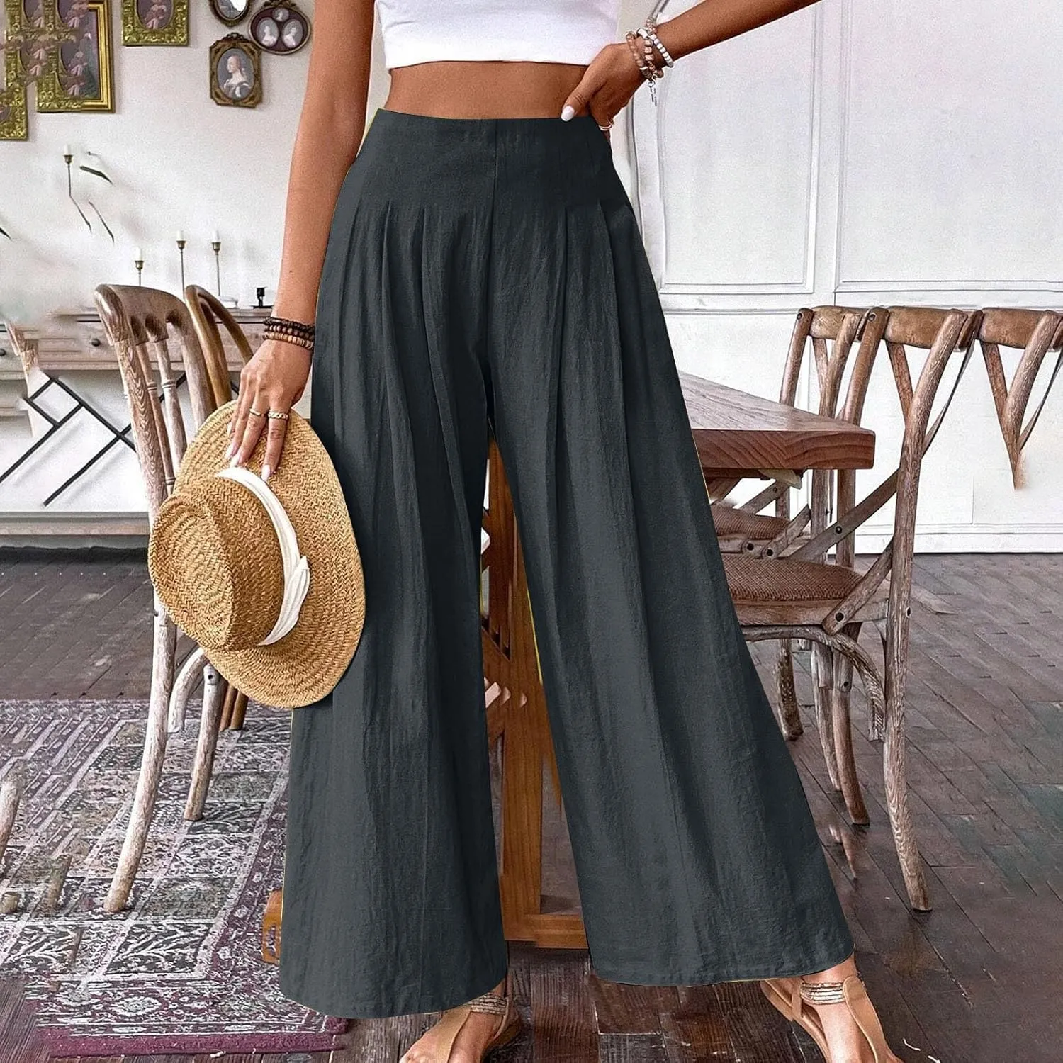 Women's Palazzo Pants Cotton Linen Wide Leg Pants High Waisted Dress Pants Solid Flowy Pants Loose Fit Work Pants