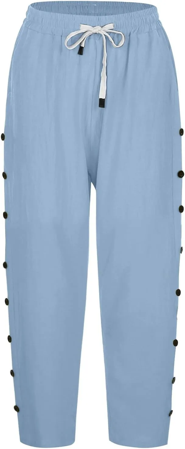 Women's Pants Solid Color Cotton Linen Elastic Seven Pants Beach Casual Linen Cotton Linen Pants Casual 2025