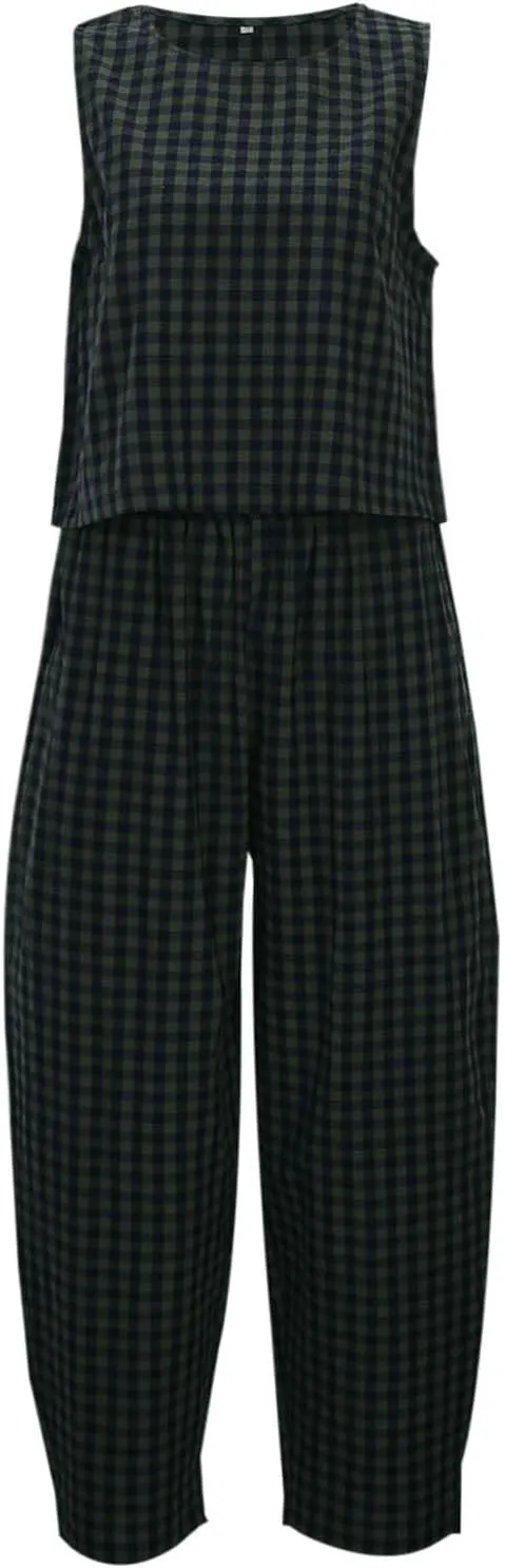 Womens Plaid 2 Pieces Lounge Pants Sets Y2K Sleeveless Gingham Crop Tank Top Outfits Baggy Wide Leg Barrel Loungewear Suits