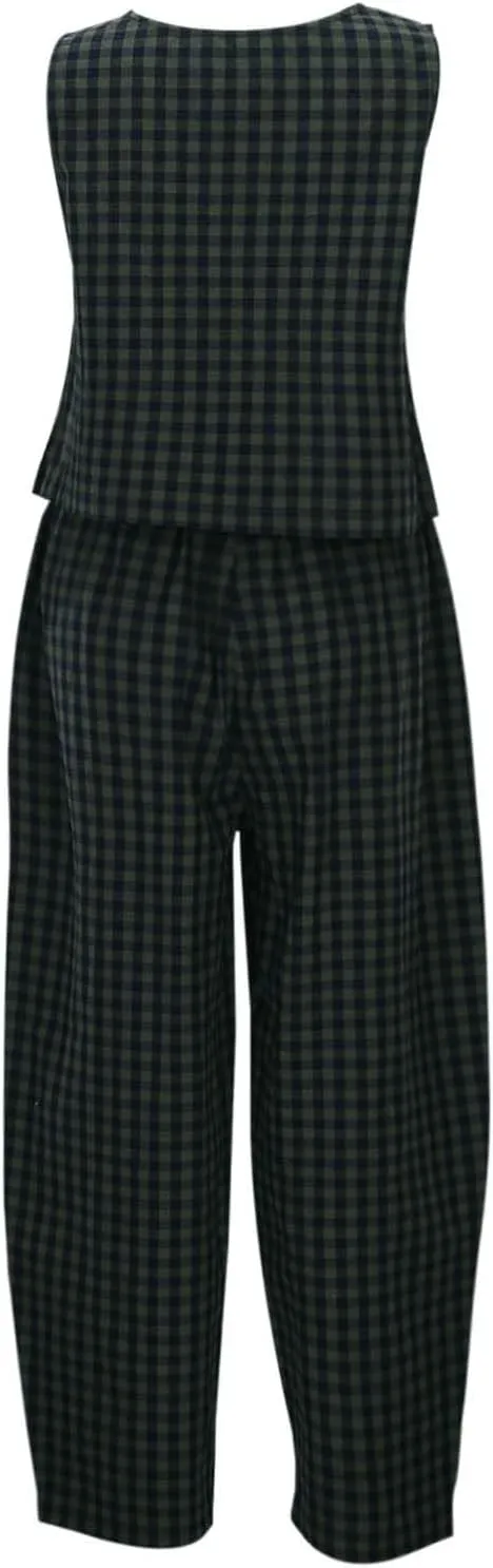 Womens Plaid 2 Pieces Lounge Pants Sets Y2K Sleeveless Gingham Crop Tank Top Outfits Baggy Wide Leg Barrel Loungewear Suits