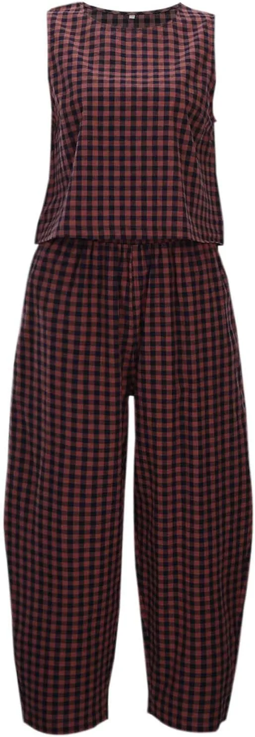 Womens Plaid 2 Pieces Lounge Pants Sets Y2K Sleeveless Gingham Crop Tank Top Outfits Baggy Wide Leg Barrel Loungewear Suits