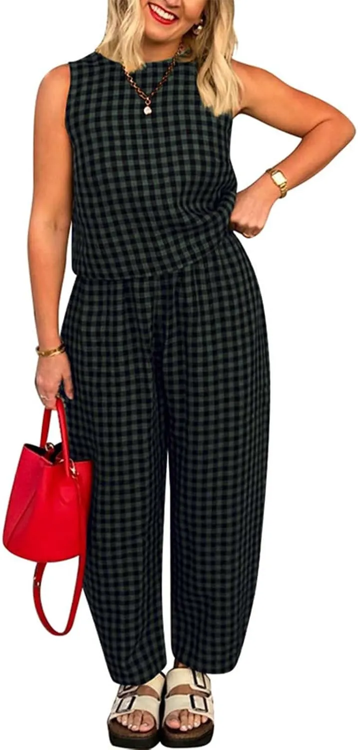 Womens Plaid 2 Pieces Lounge Pants Sets Y2K Sleeveless Gingham Crop Tank Top Outfits Baggy Wide Leg Barrel Loungewear Suits